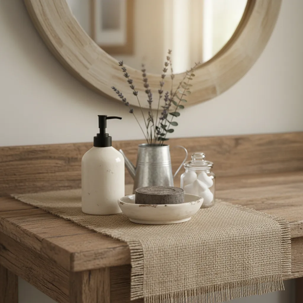 Close view of burlap bathroom decor on rustic wooden vanity