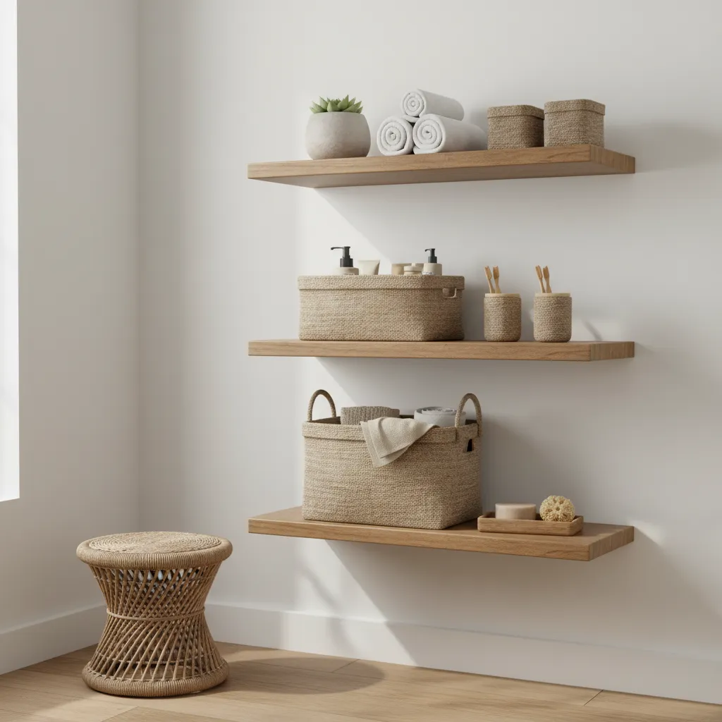 Burlap baskets and organizers used in small bathroom storage