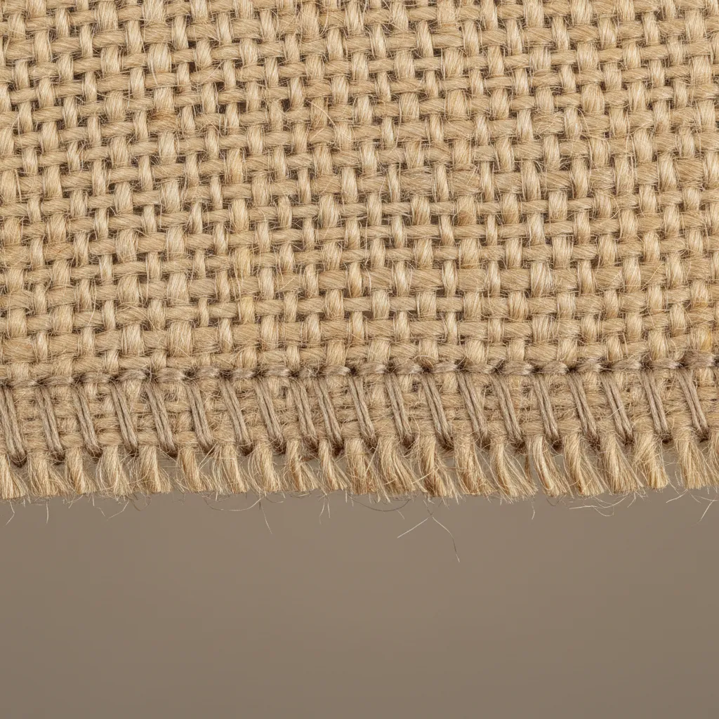 close up of burlap fabric edge with stitching to prevent fraying