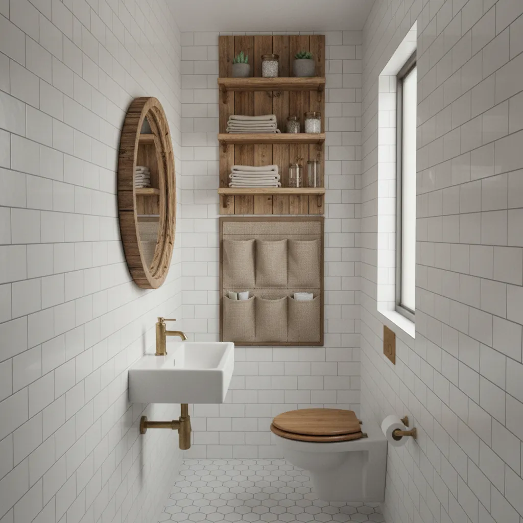 Wall mounted burlap organizer in a tiny bathroom