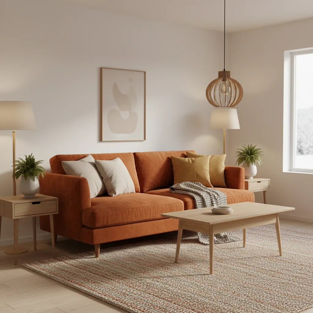 Burnt orange sofa with cream walls in a cozy living room