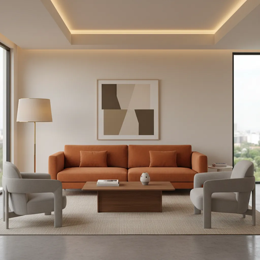 burnt orange sofa in neutral modern living room