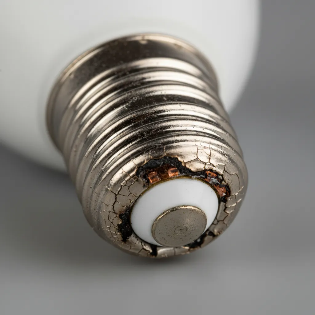 Close-up of burnt smart bulb base showing electrical damage