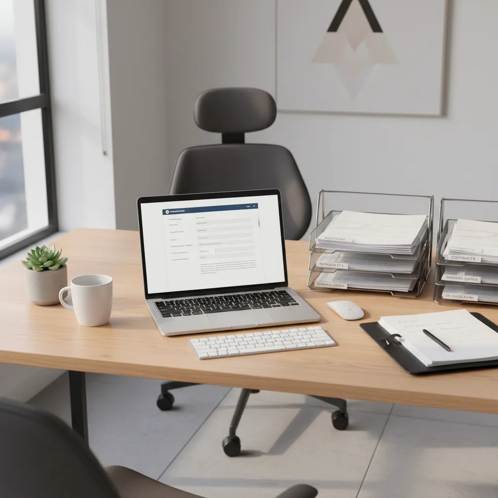 Business owner filling out address change form with documents and laptop