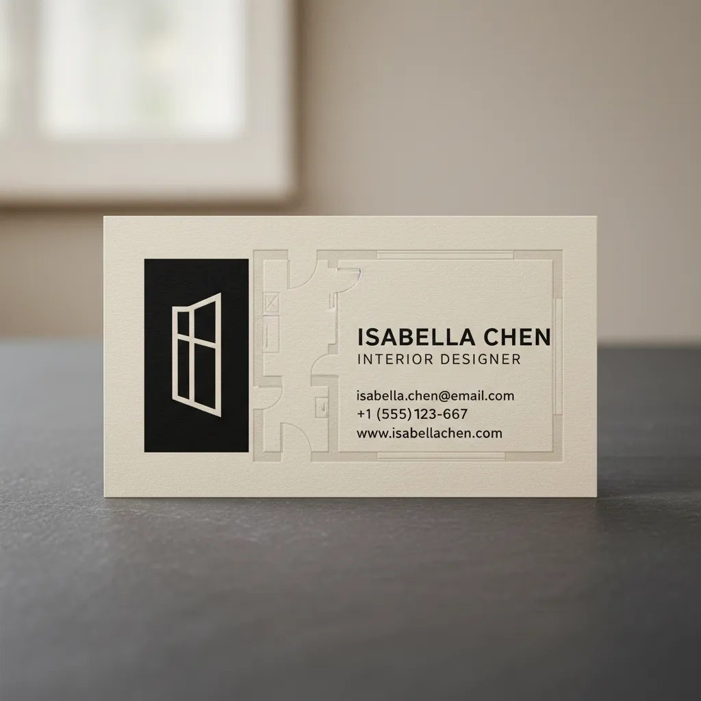 Beige business card for an interior designer with black window icon and embossed room layout