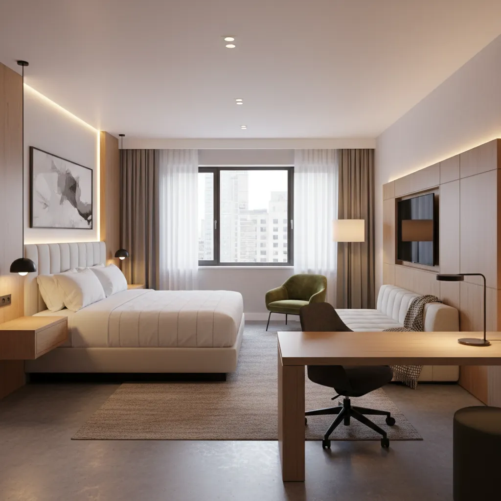 Hotel suite with workspace desk and seating area