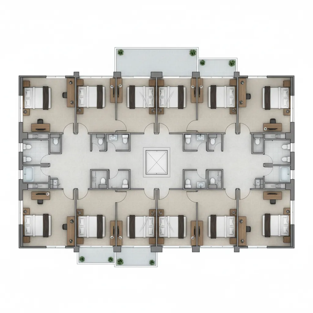 Urban business hotel double loaded corridor floor plan layout