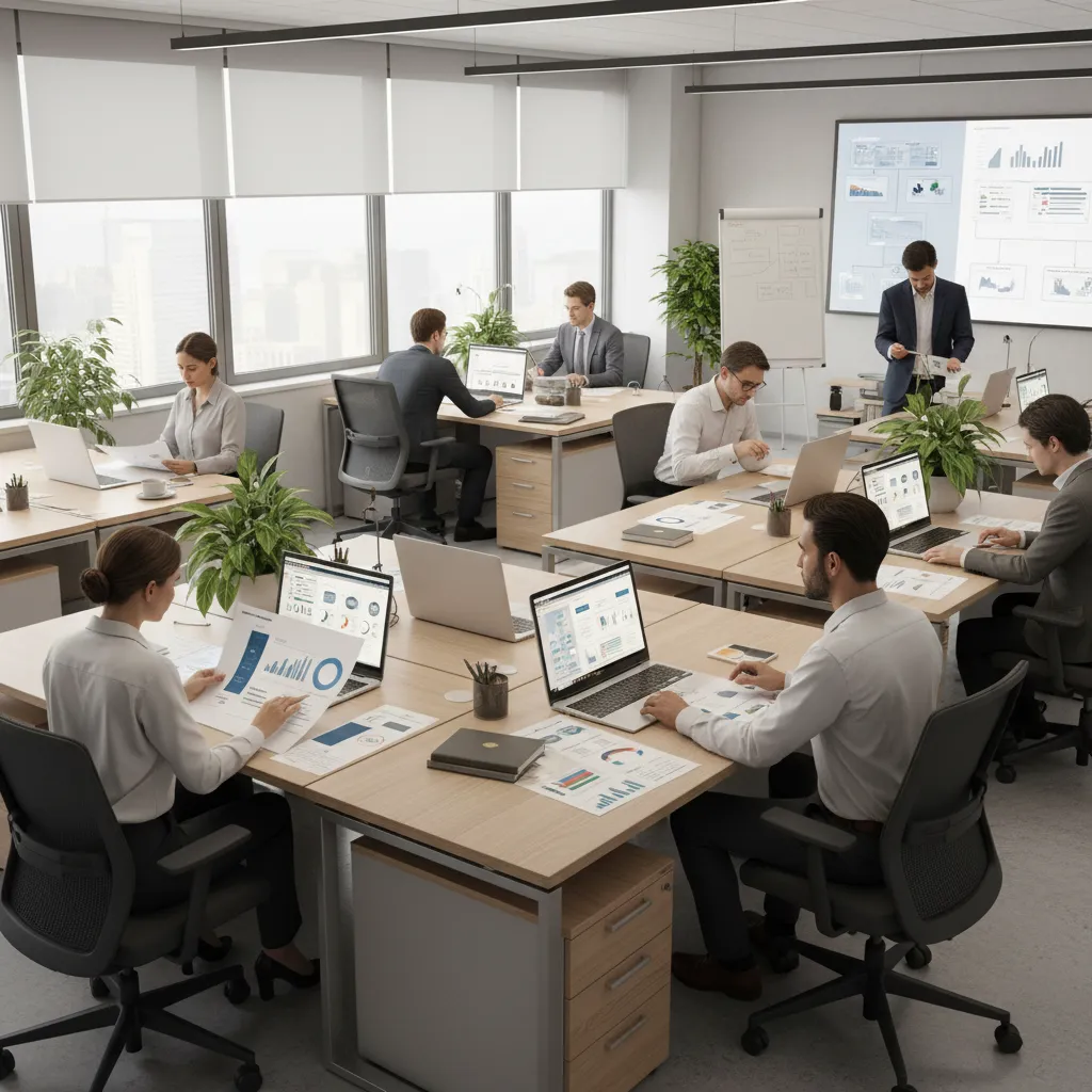 business operations team organizing documentation templates at office desks