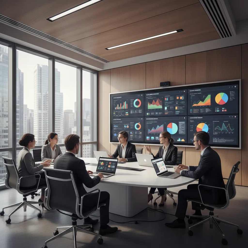 Business team reviewing and comparing enterprise software platforms on screens