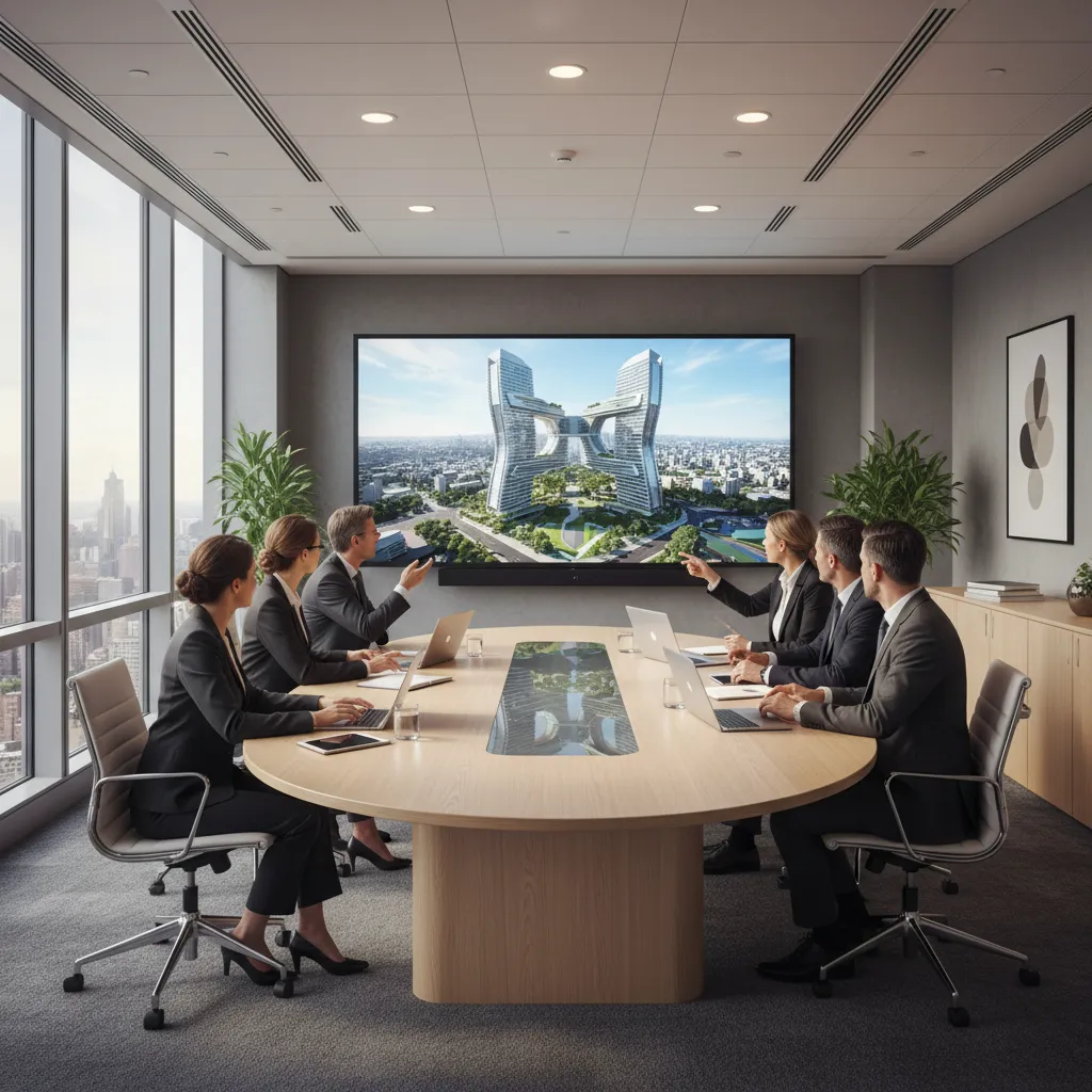 business team reviewing architectural 3D model on large screen during meeting