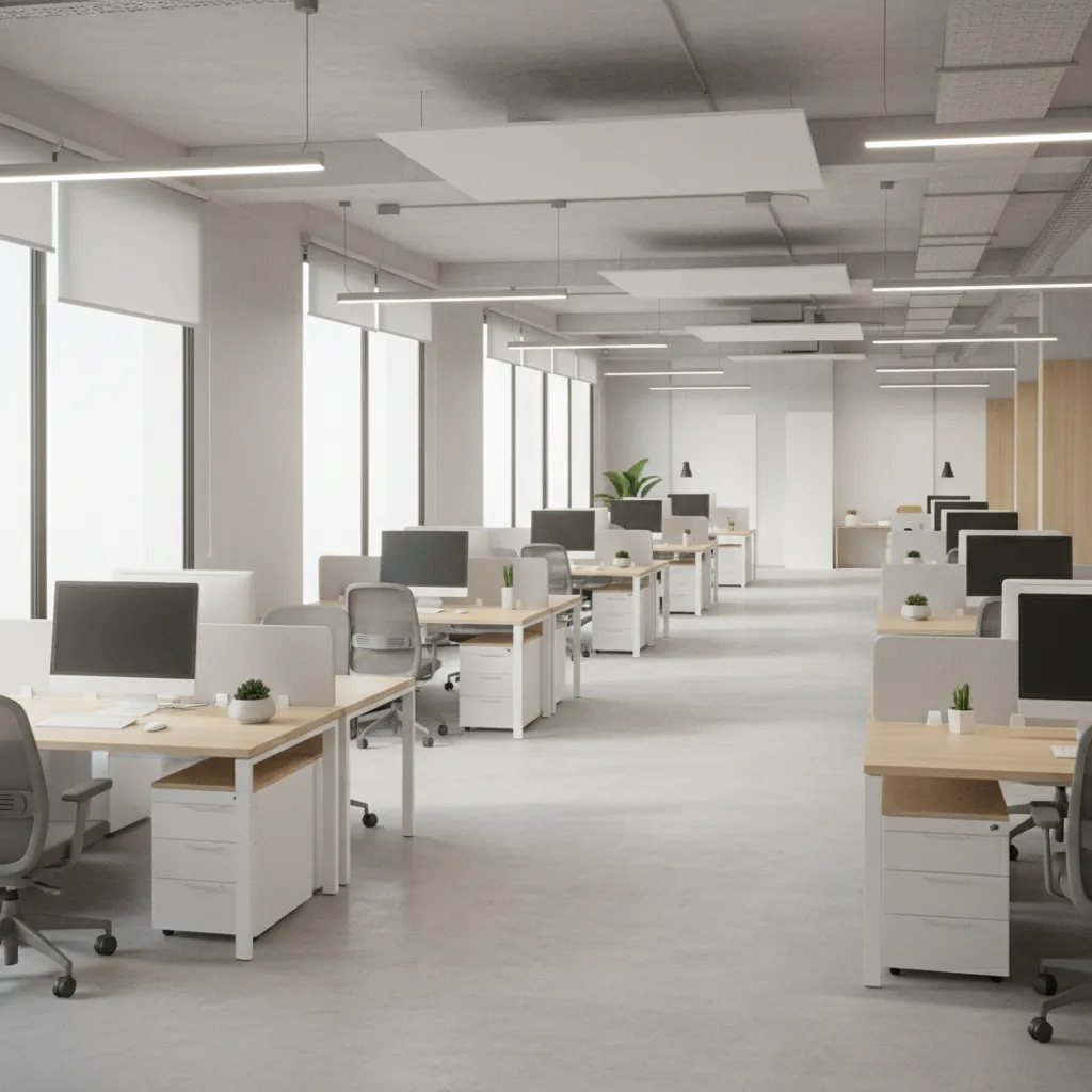 modern business unit office with collaborative desk clusters and open circulation paths