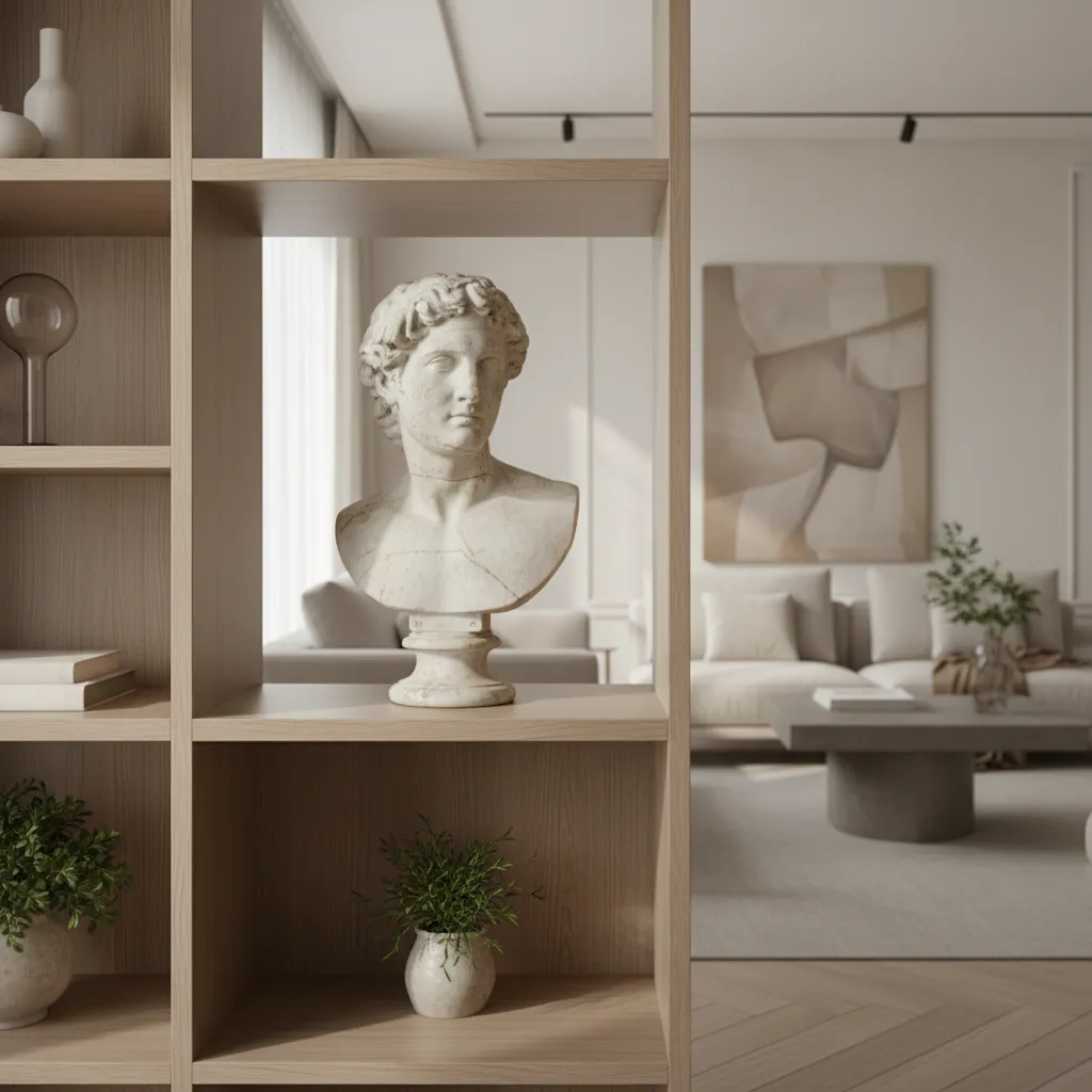 Busto clásico decorativo colocado en una estantería moderna