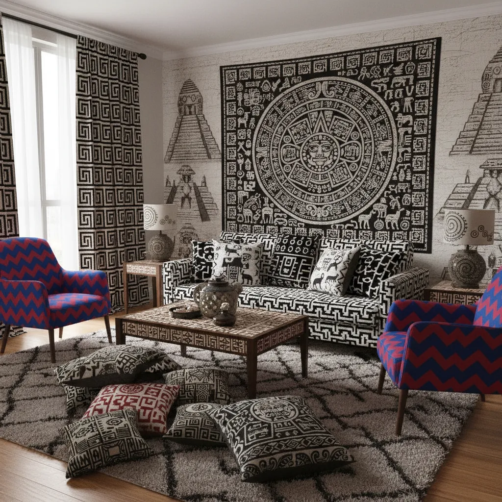 Living room with excessive Aztec patterns causing visual clutter