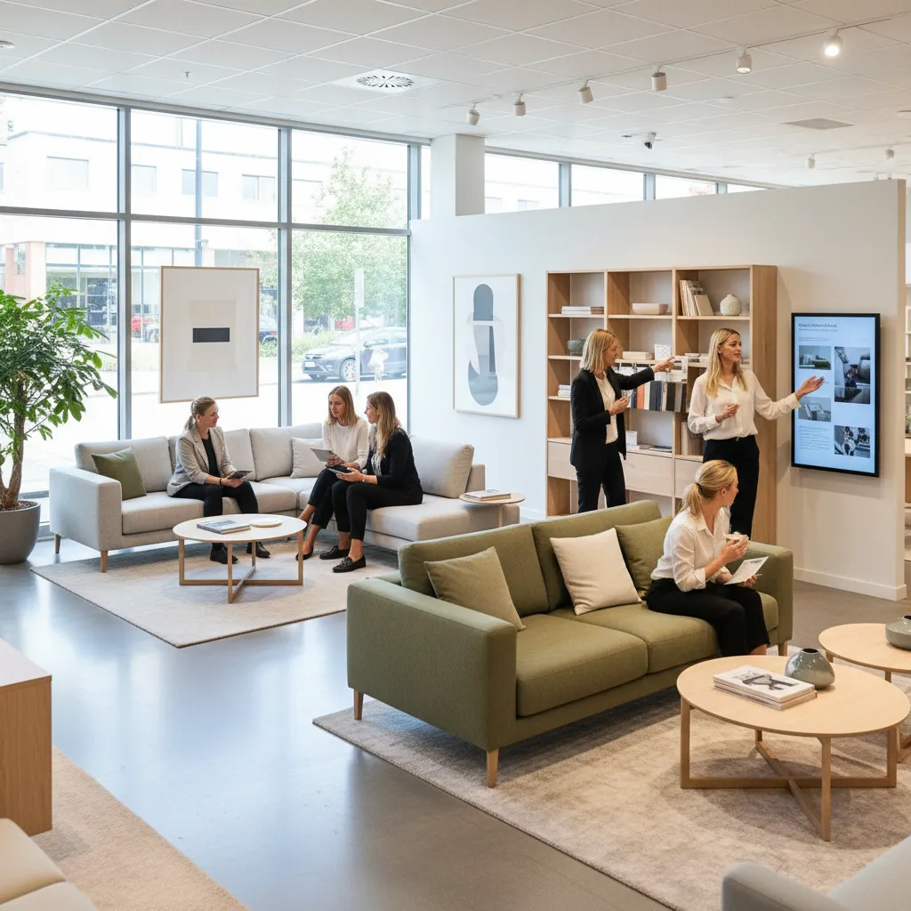 Equipo de diseñadores trabajando en tienda de muebles con clientes