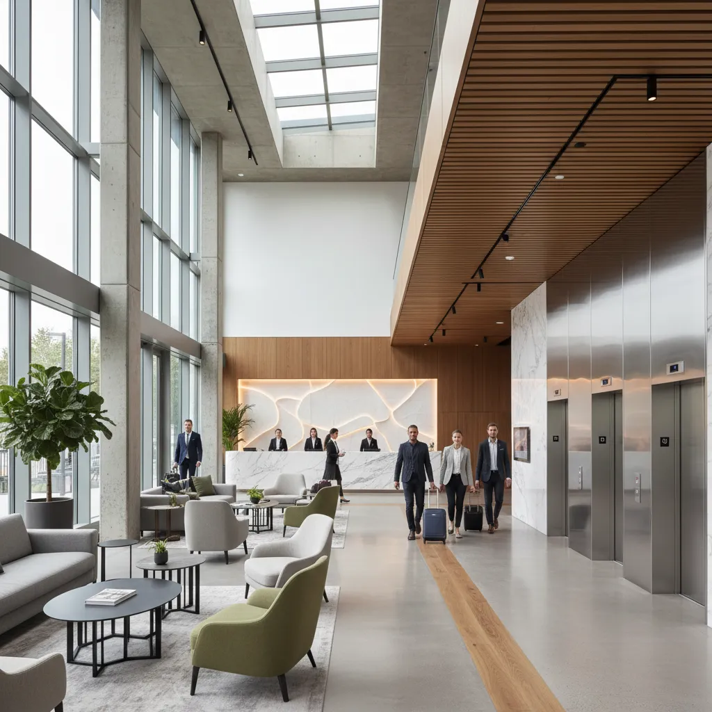 Busy hotel lobby showing guests with suitcases, elevators, reception desk, large windows, and lounge furniture