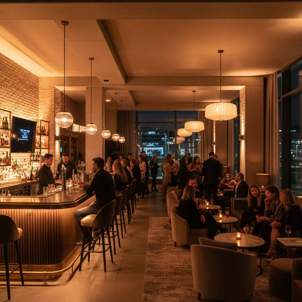 Crowded nightlife interior with bar seating and people socializing