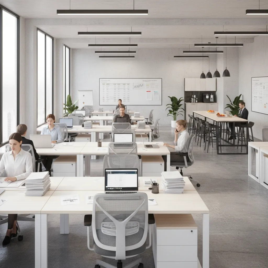 busy real estate brokerage office with agents working at desks