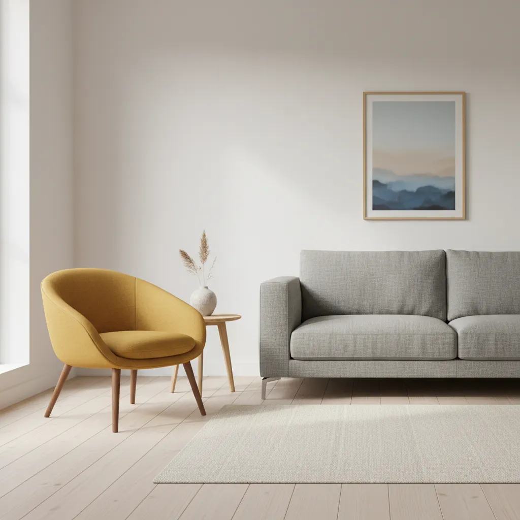 Butaca mostaza en salón con decoración neutra