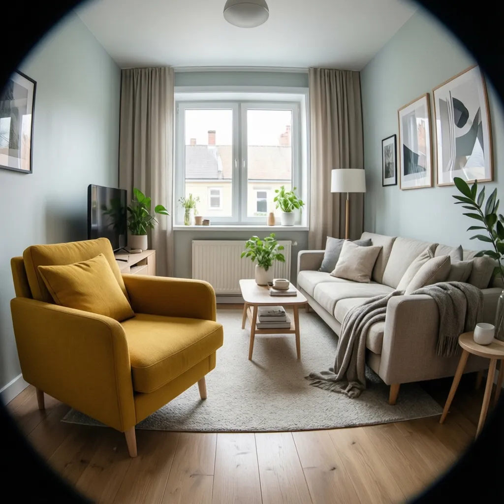 Pequeño salón con butaca mostaza como acento