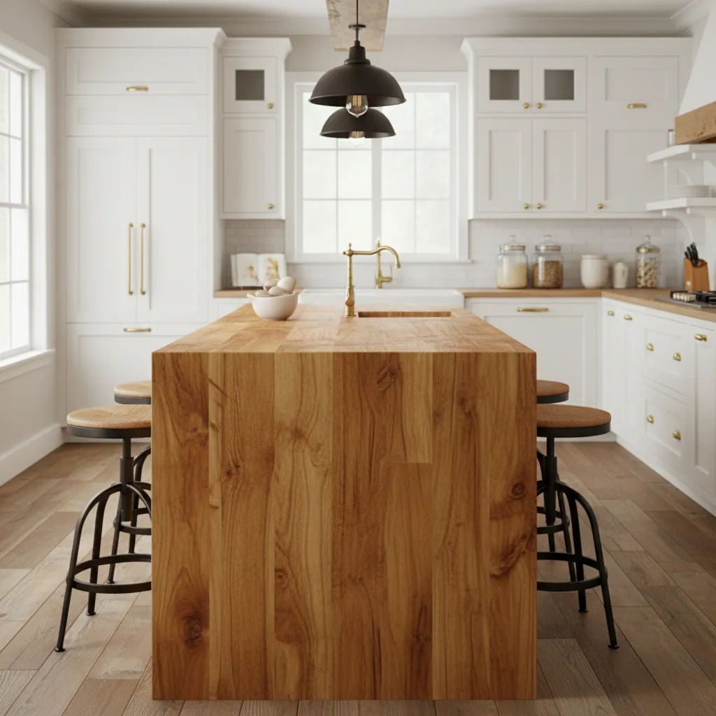 close view of butcher block island countertop in farmhouse kitchen