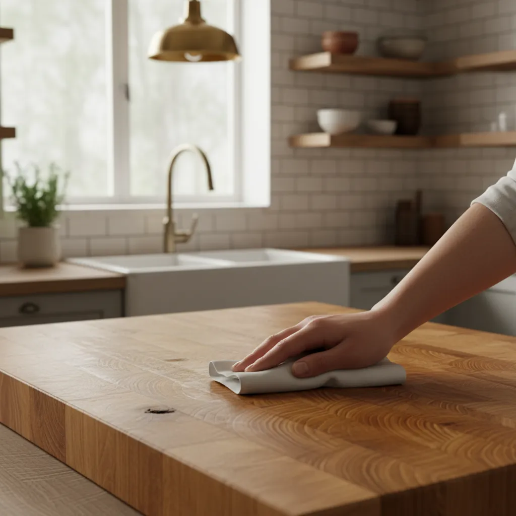 applying mineral oil to butcher block countertop in farmhouse kitchen