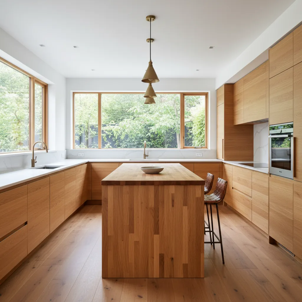 Kitchen island with butcher block countertop and white oak cabinets