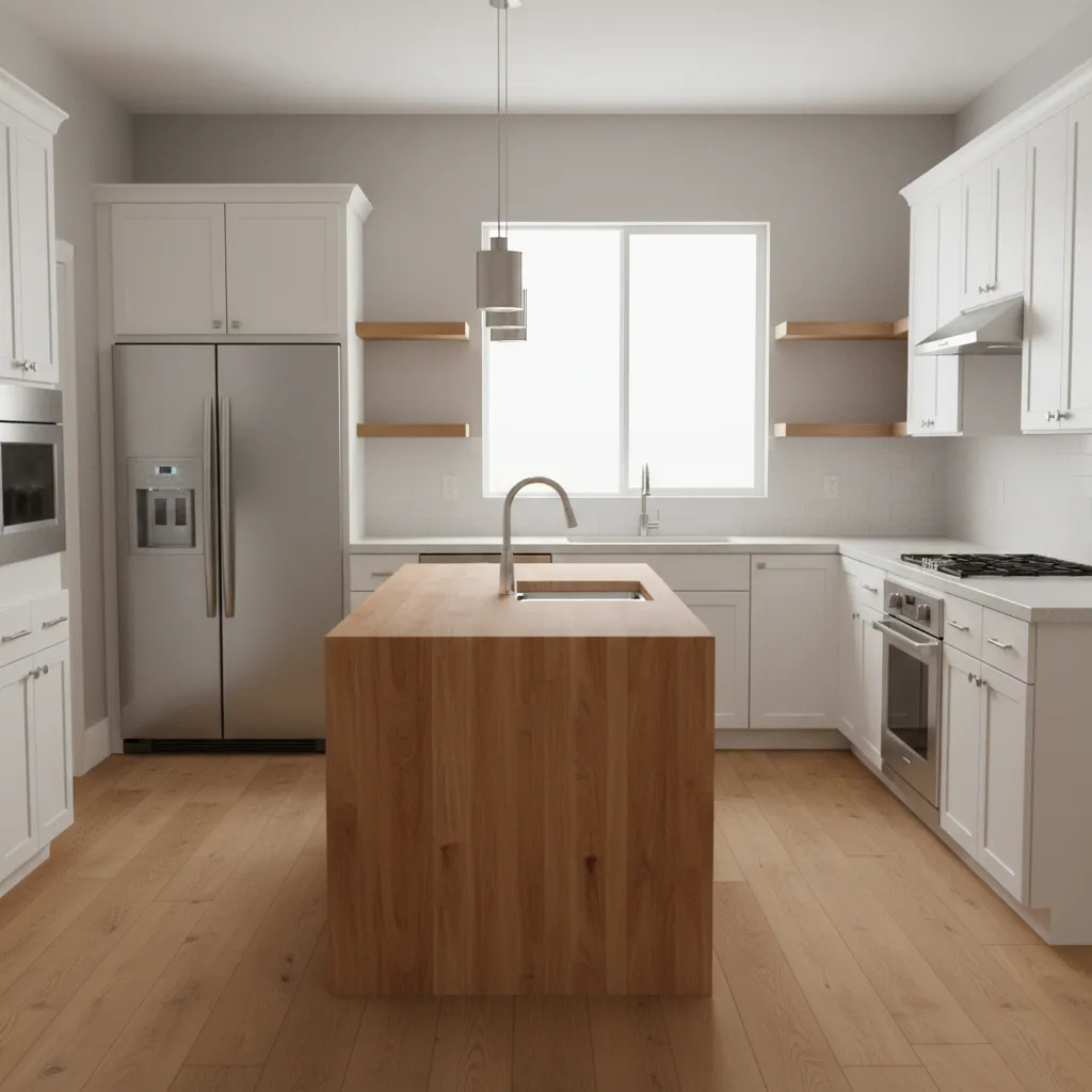 Kitchen with butcher block island and stainless steel appliances creating warm contrast