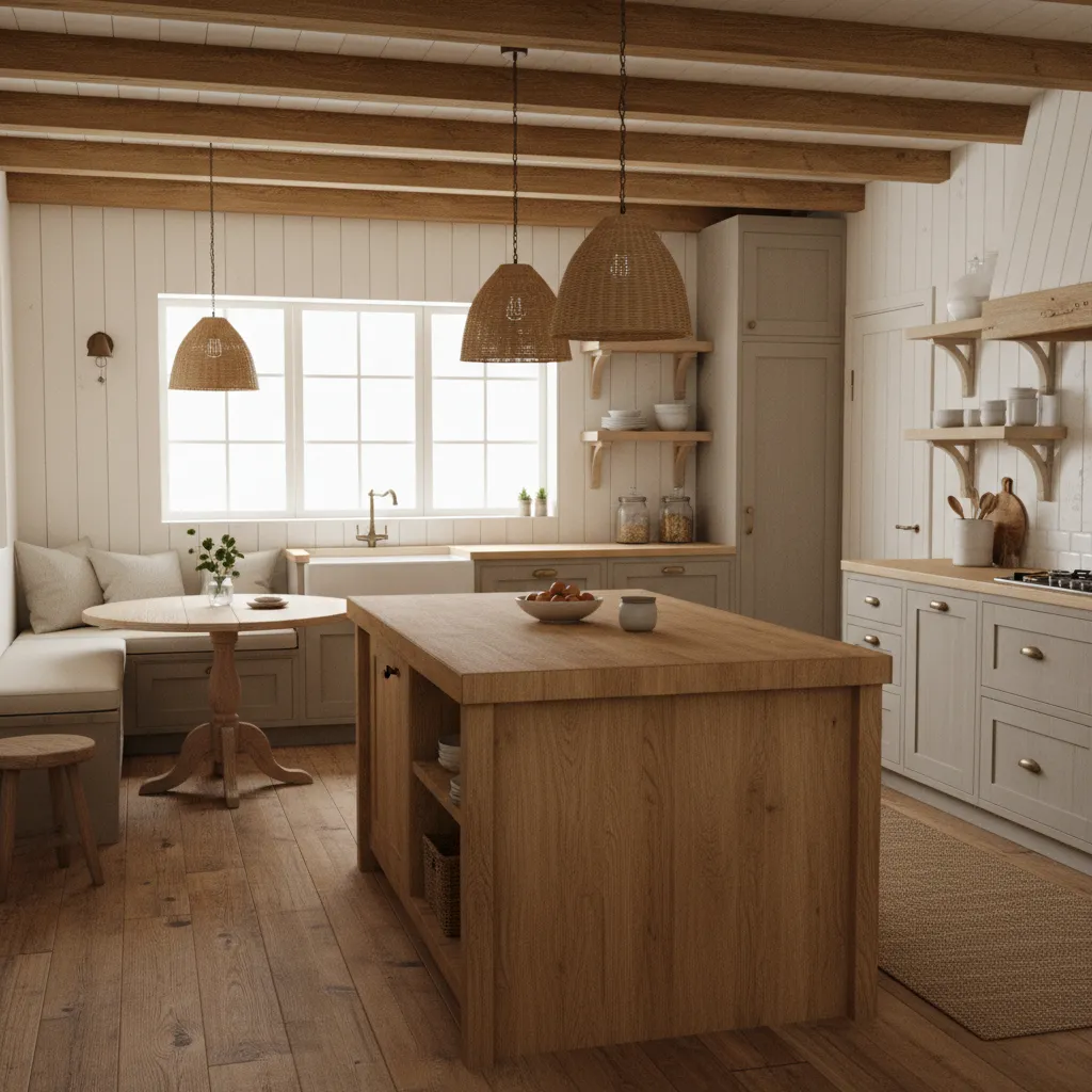 Kitchen island with warm butcher block countertop