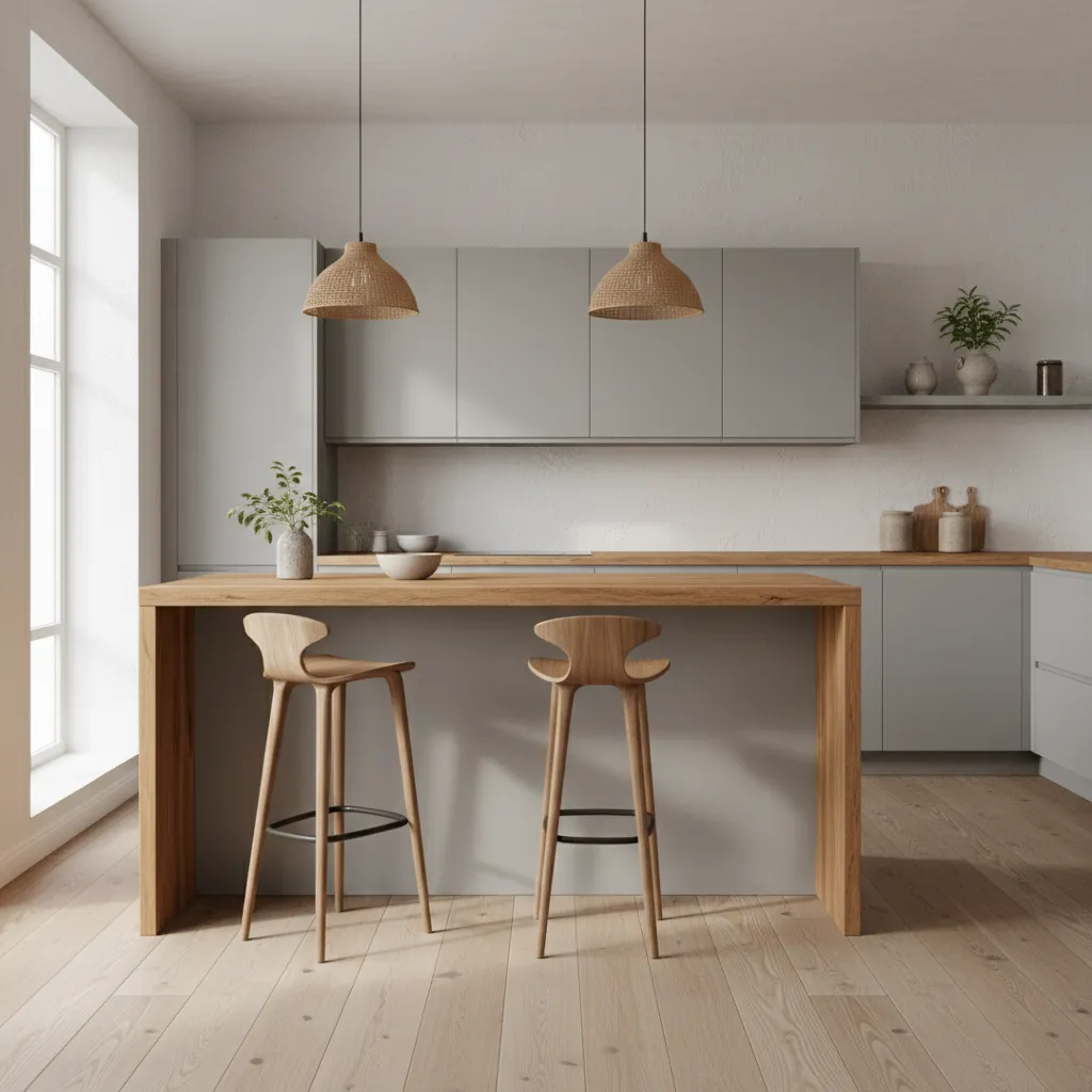 Warm wood butcher block countertop on peninsula kitchen island