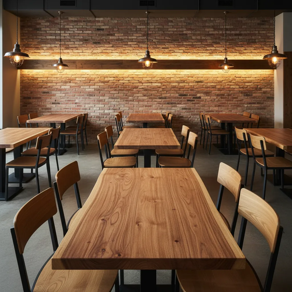 Rustic restaurant dining room featuring thick butcher block tables and sturdy chairs