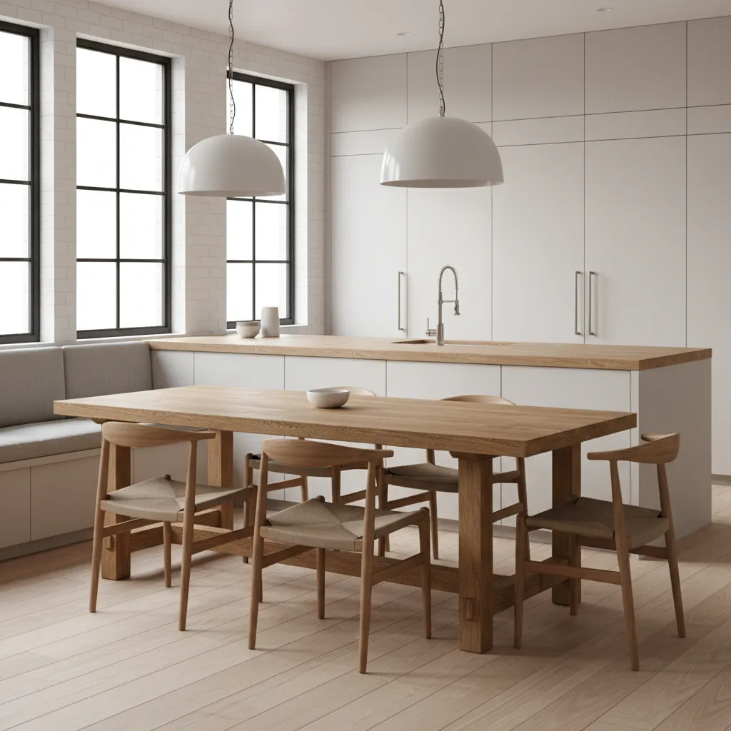 Butcher block kitchen table with four chairs in a modern kitchen
