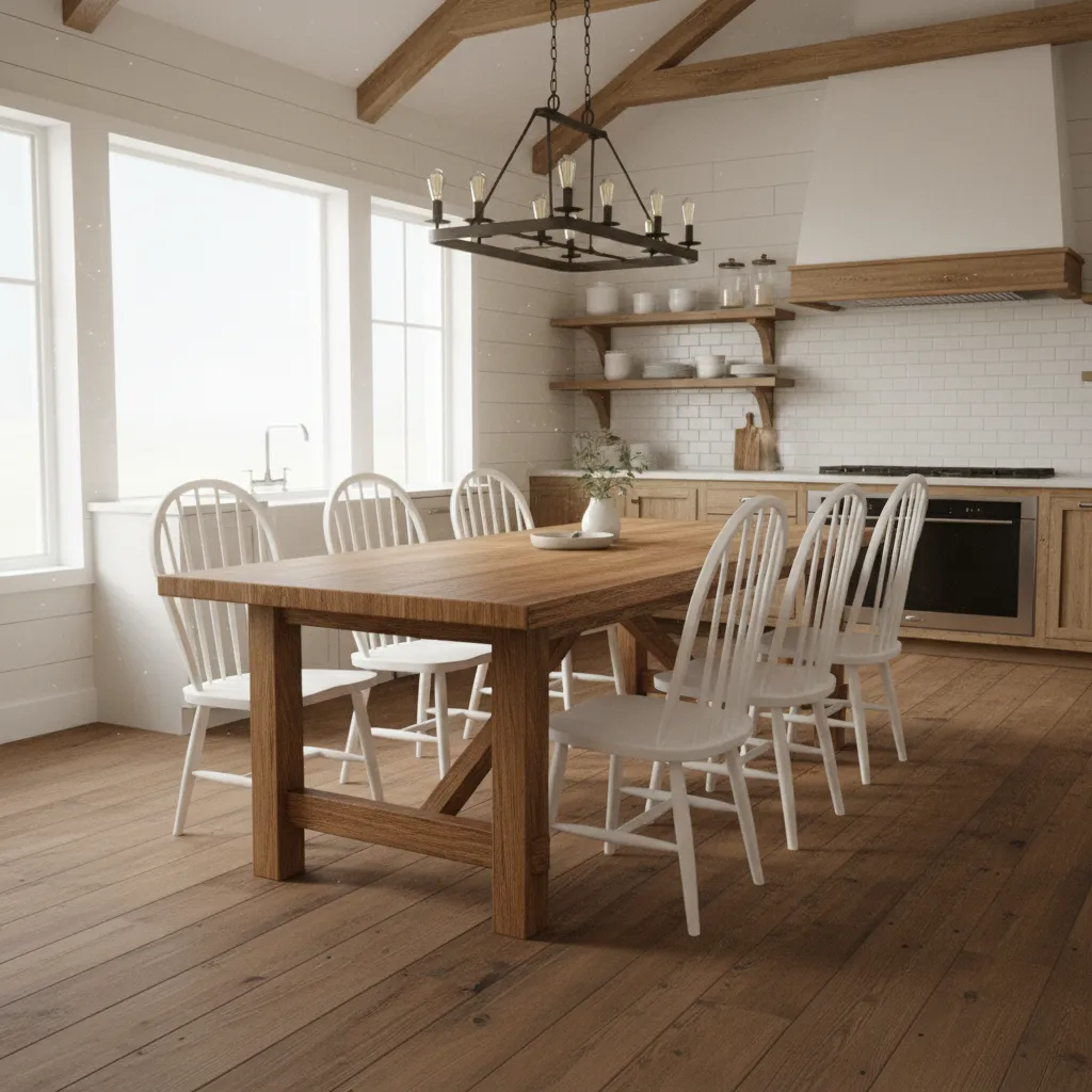 Farmhouse kitchen with butcher block dining table and white spindle dining chairs