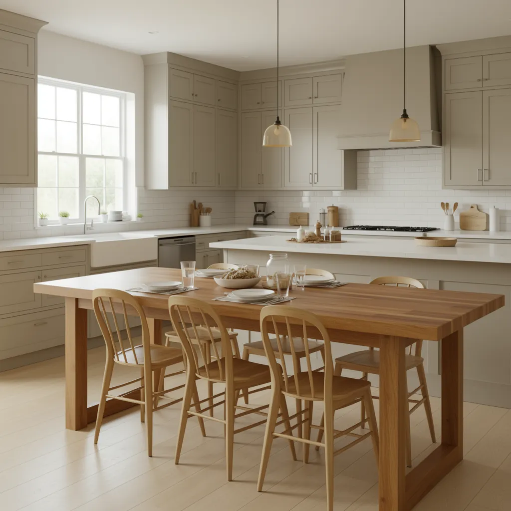 Butcher block dining table paired with natural wood chairs in bright kitchen