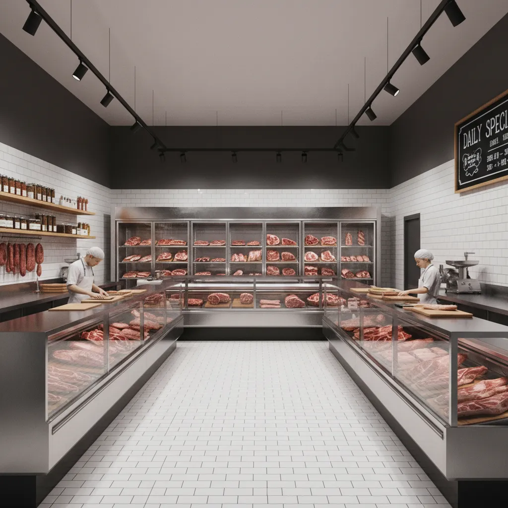 Interior design drawing of butcher shop with white tiles black ceiling lights and glass counters