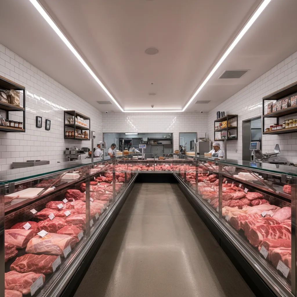 Bright butcher shop with long ceiling lights shining over glass counters filled with red meat