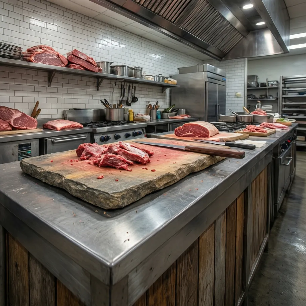 Butcher shop prep area with raw meat on wood board, steel counters, white tiled wall