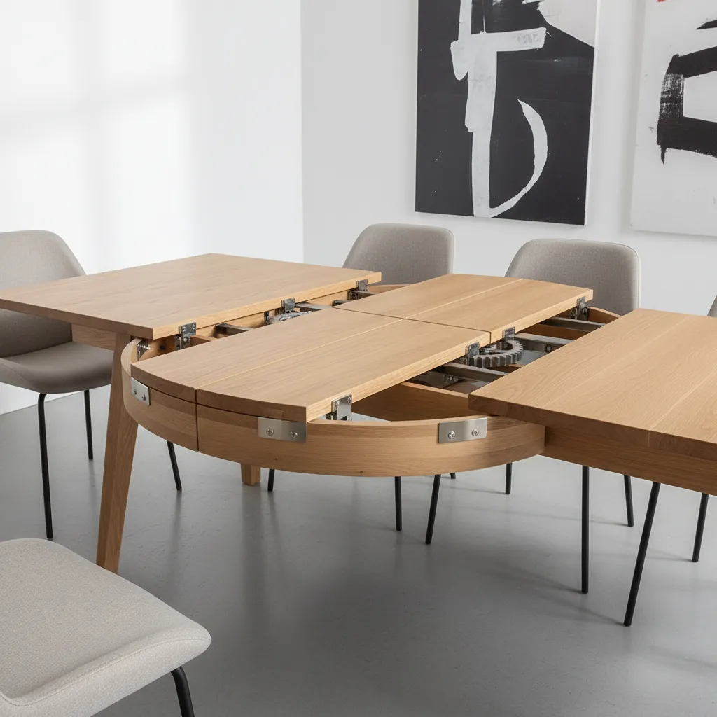 Expandable dining table with butterfly leaf mechanism open