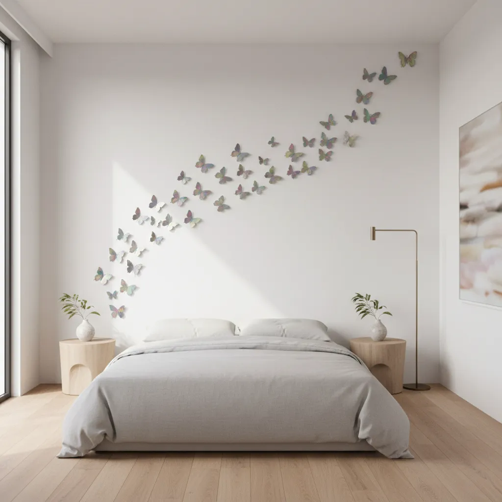 diagonal butterfly sticker trail across a bedroom wall