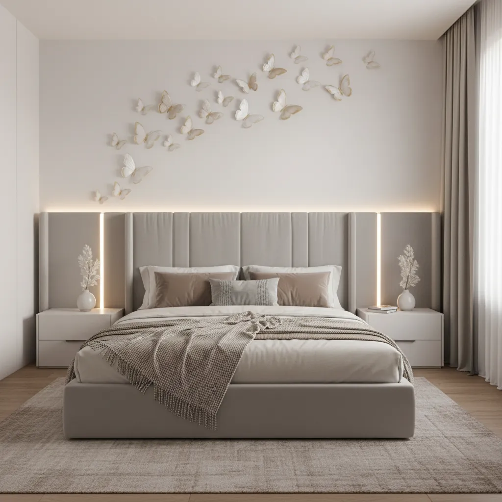 butterfly stickers framing a bed headboard on bedroom wall