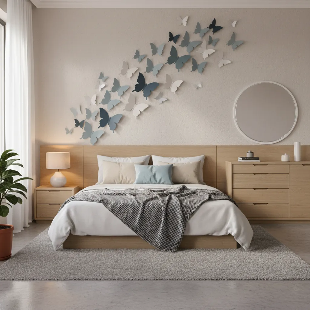 bedroom wall decorated with soft butterfly wall stickers flying diagonally