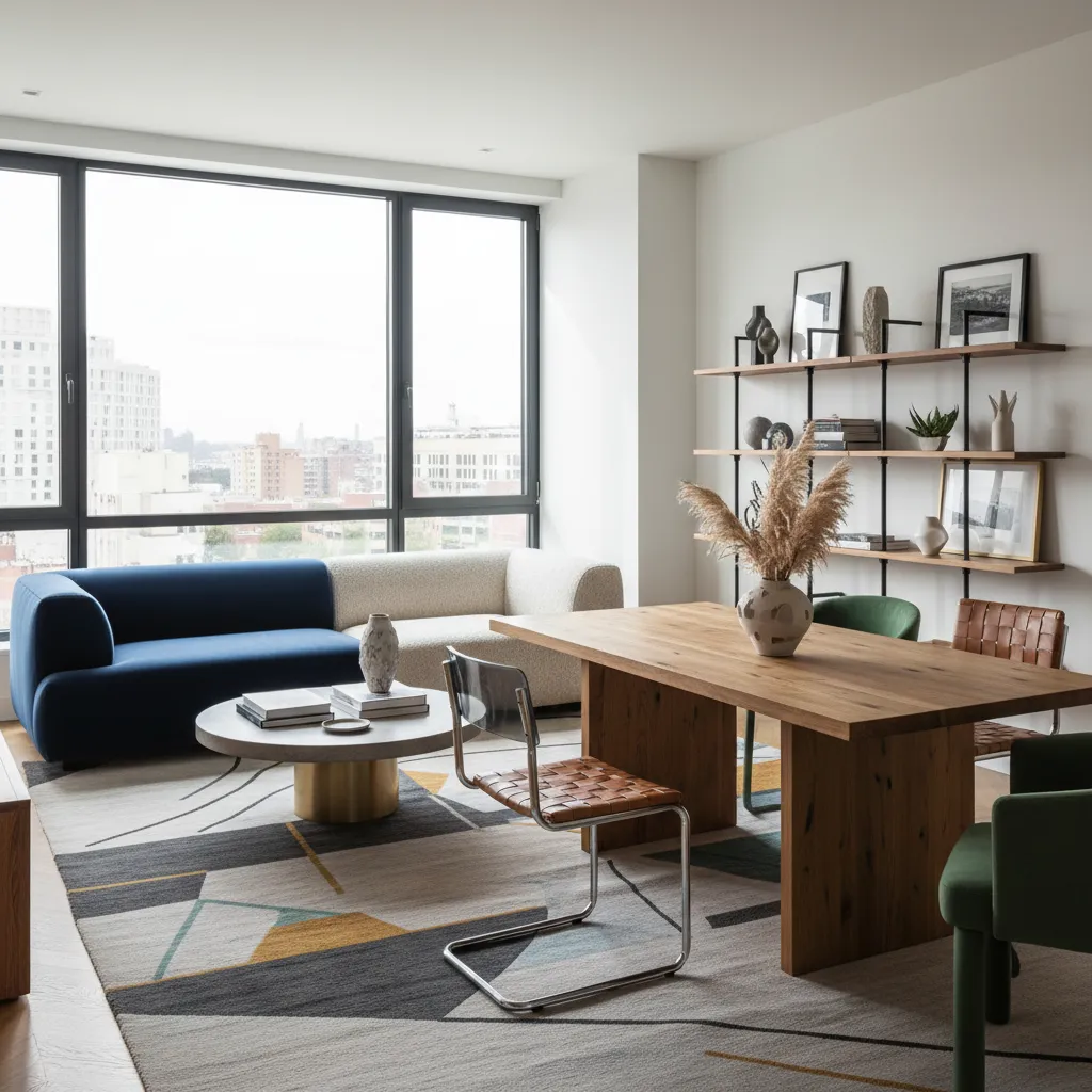 Apartment interior with mixed furniture pieces purchased individually