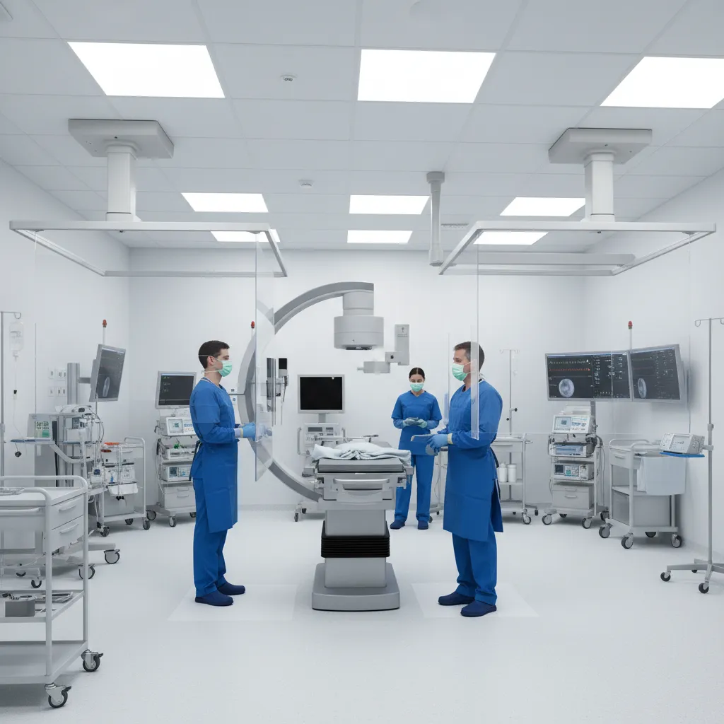 Interventional radiology C-arm system around patient table illustrating operator positions