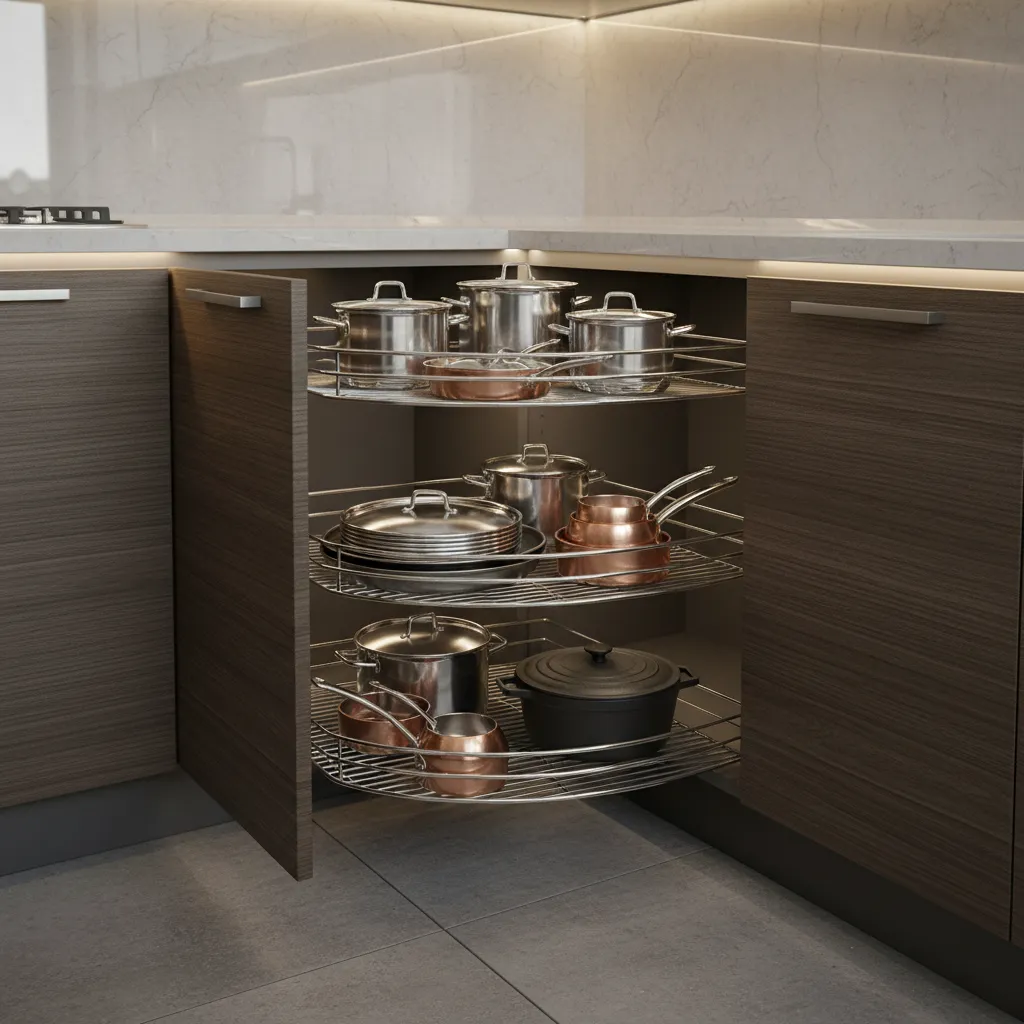 corner cabinet storage solution in a C shaped kitchen