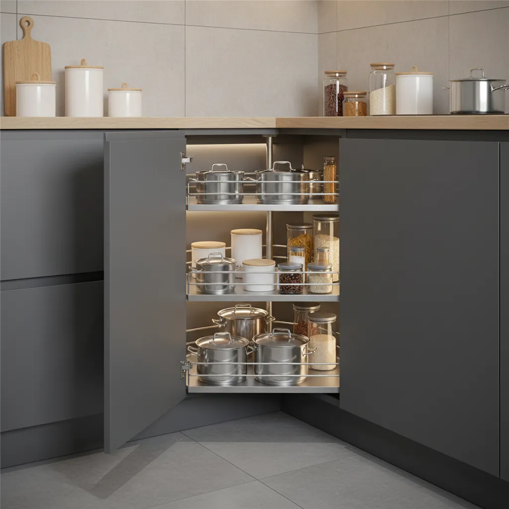C shaped kitchen corner cabinet with pull out storage system