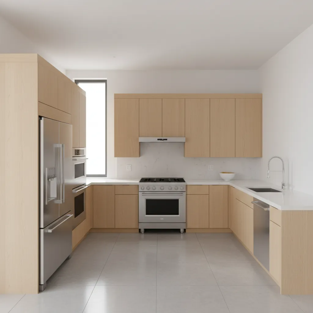 Bright C shaped kitchen layout showing three sided counter workspace