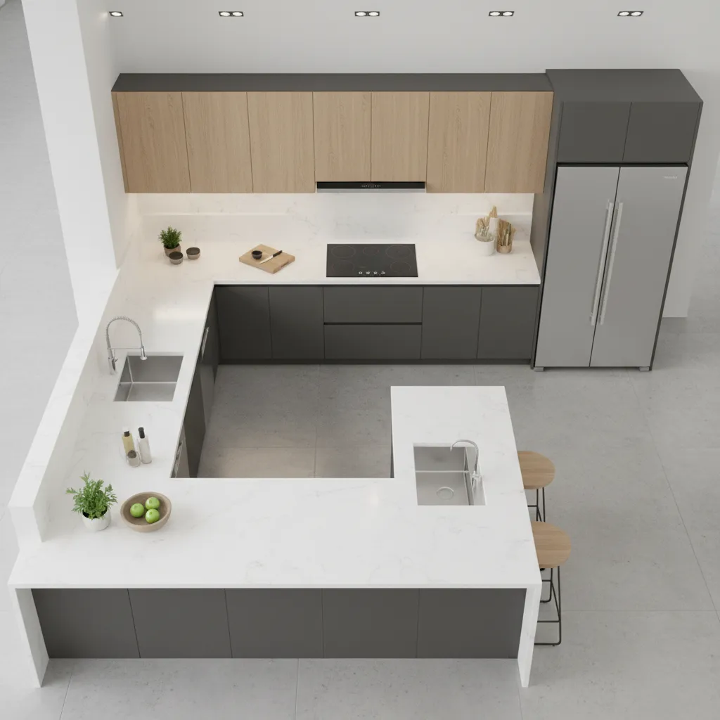 C shaped kitchen layout showing efficient work triangle