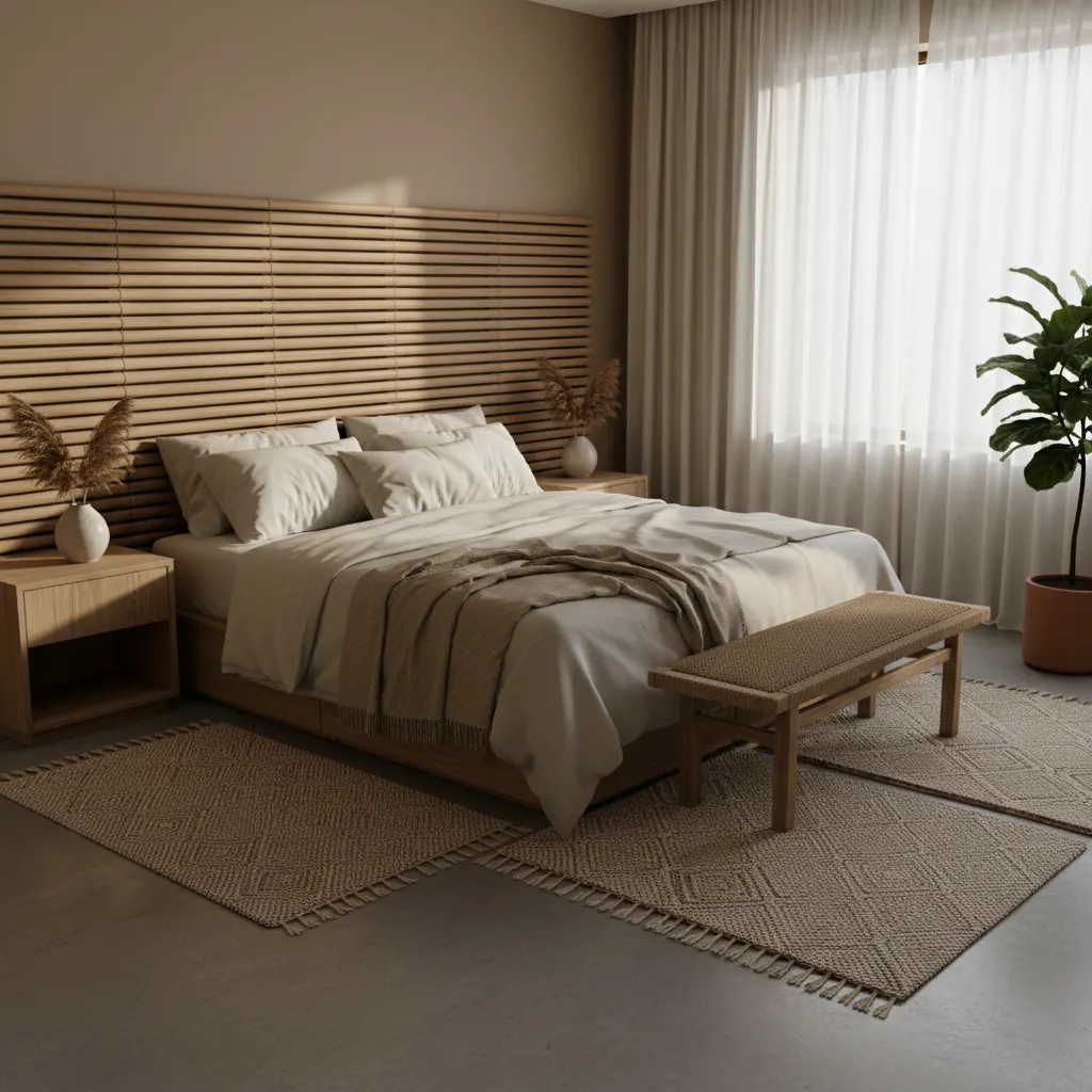 Minimalist bedroom design with wooden wall panel headboard beige bedding bench and white window curtains