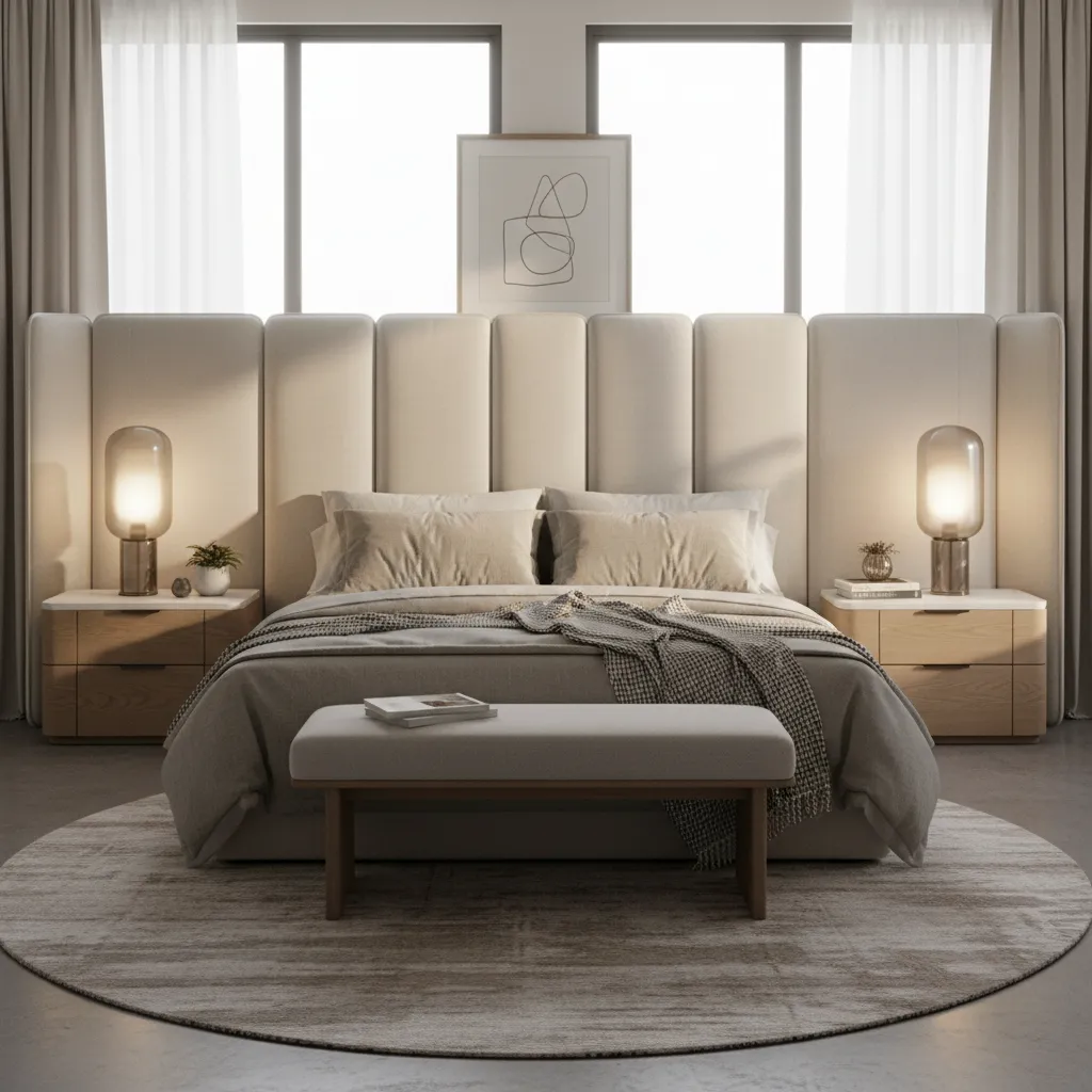 Dormitorio moderno con cabecero grande funcionando como punto focal