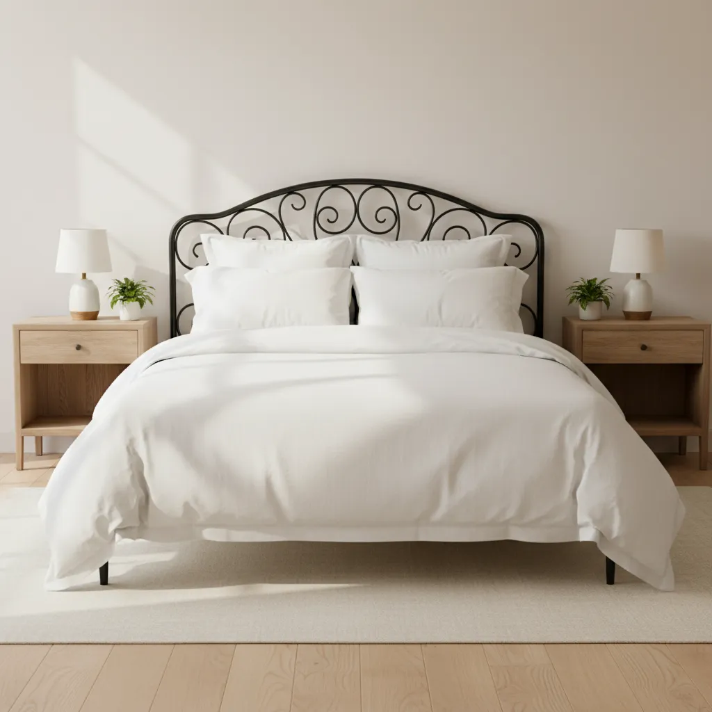 Minimalist bedroom with white bedding black metal headboard wooden side tables small plants and lighting