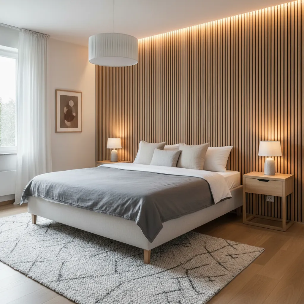 Minimalist bedroom with wood wall panel behind bed including white ceiling light and side tables